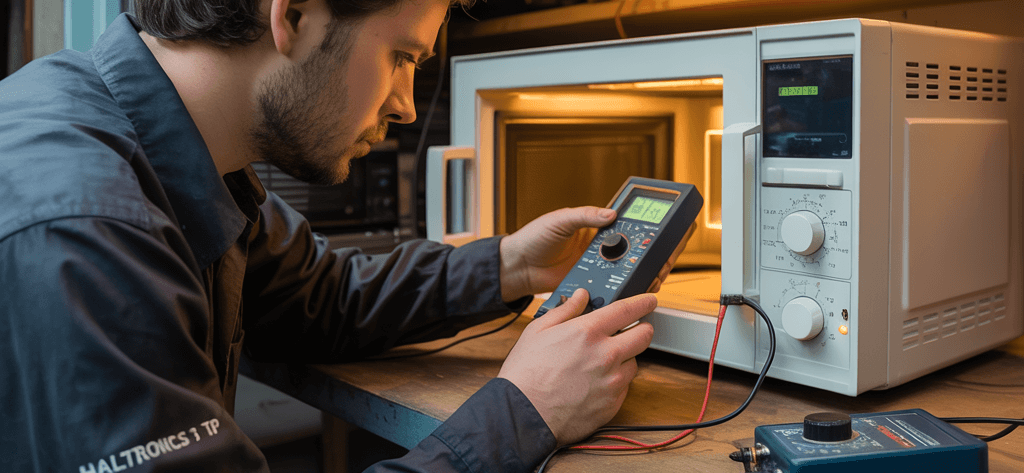 Serwisant dokonujący diagnostyki uszkodzonej kuchenki mikrofalowej