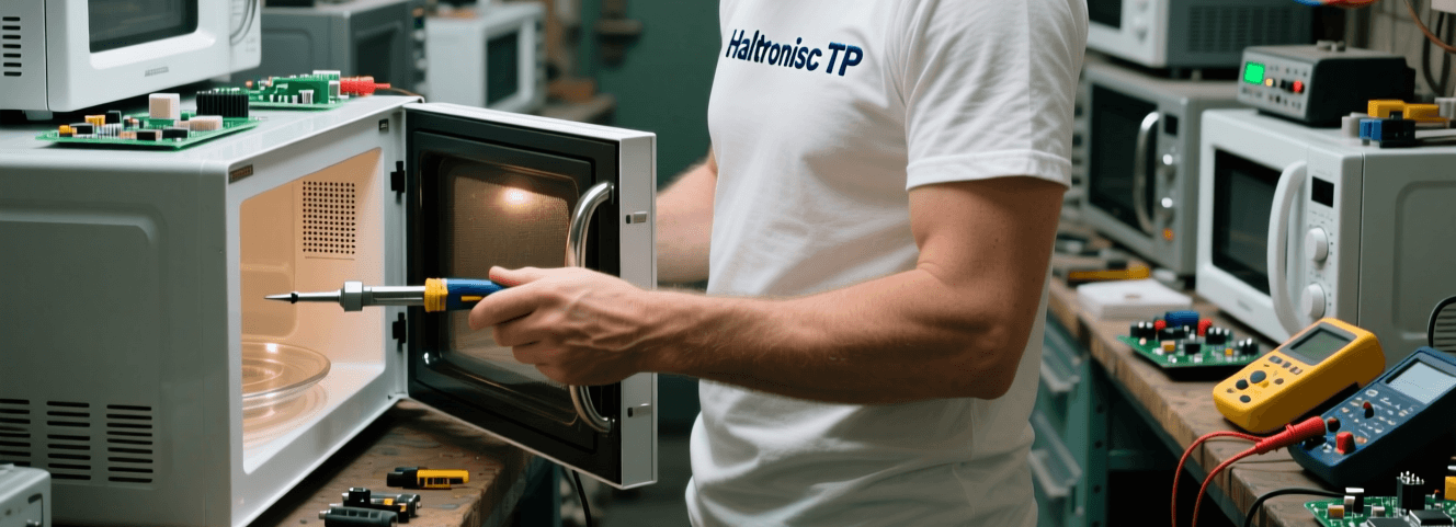 Kuchenka mikrofalowa podczas pomiarów na stanowisku serwisowym