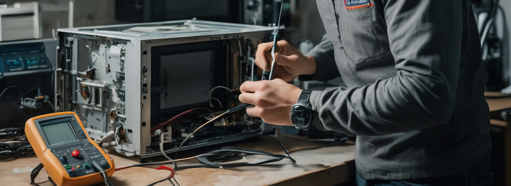 Serwisant przygotowuje mikrofalówkę do wykonania pomiarów mocy mikrofal wyciekających z mikrofalówki