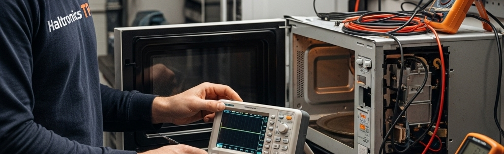 Kuchenka mikrofalowa Samsung na stole serwisowym poczas pomiarów elektrycznych