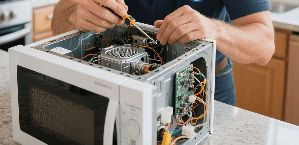 Serwisant przygotowuje mikrofalówkę do wykonania pomiarów mocy mikrofal wyciekających z mikrofalówki